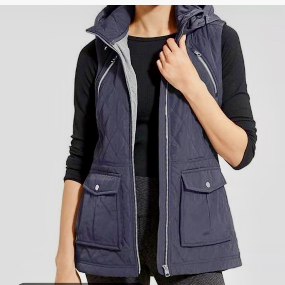 Athleta Quilted Vest Jacket Zip Dressy Navy Blue Women XXS Hiking No Hood EUC